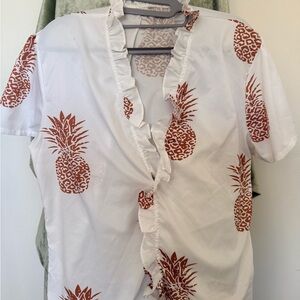 White Ruffle V-Neck Top with Rust Pineapple Print